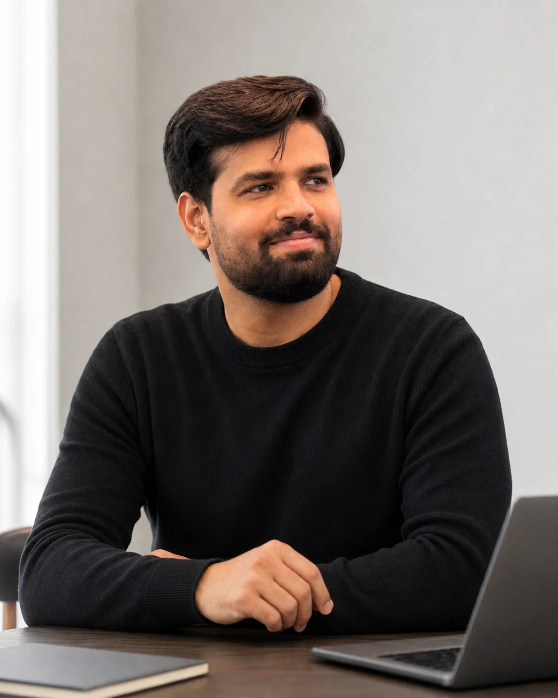 Tanzeel working at a desk with a notebook and laptop