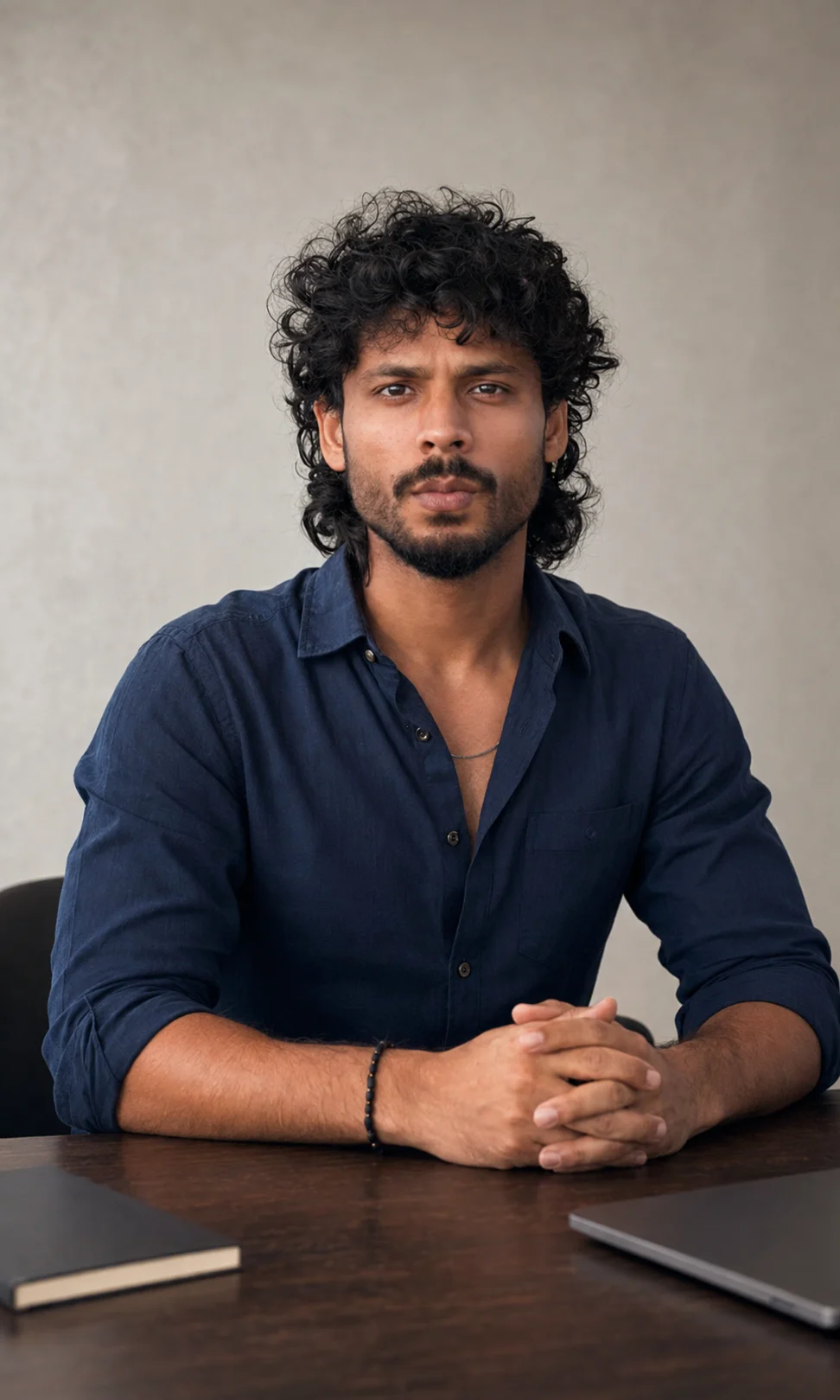 Bilal Aziz in a navy shirt seated at a desk